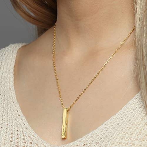 Personalised Mother Bar Necklace with Kids Names – 4 Side Engraving