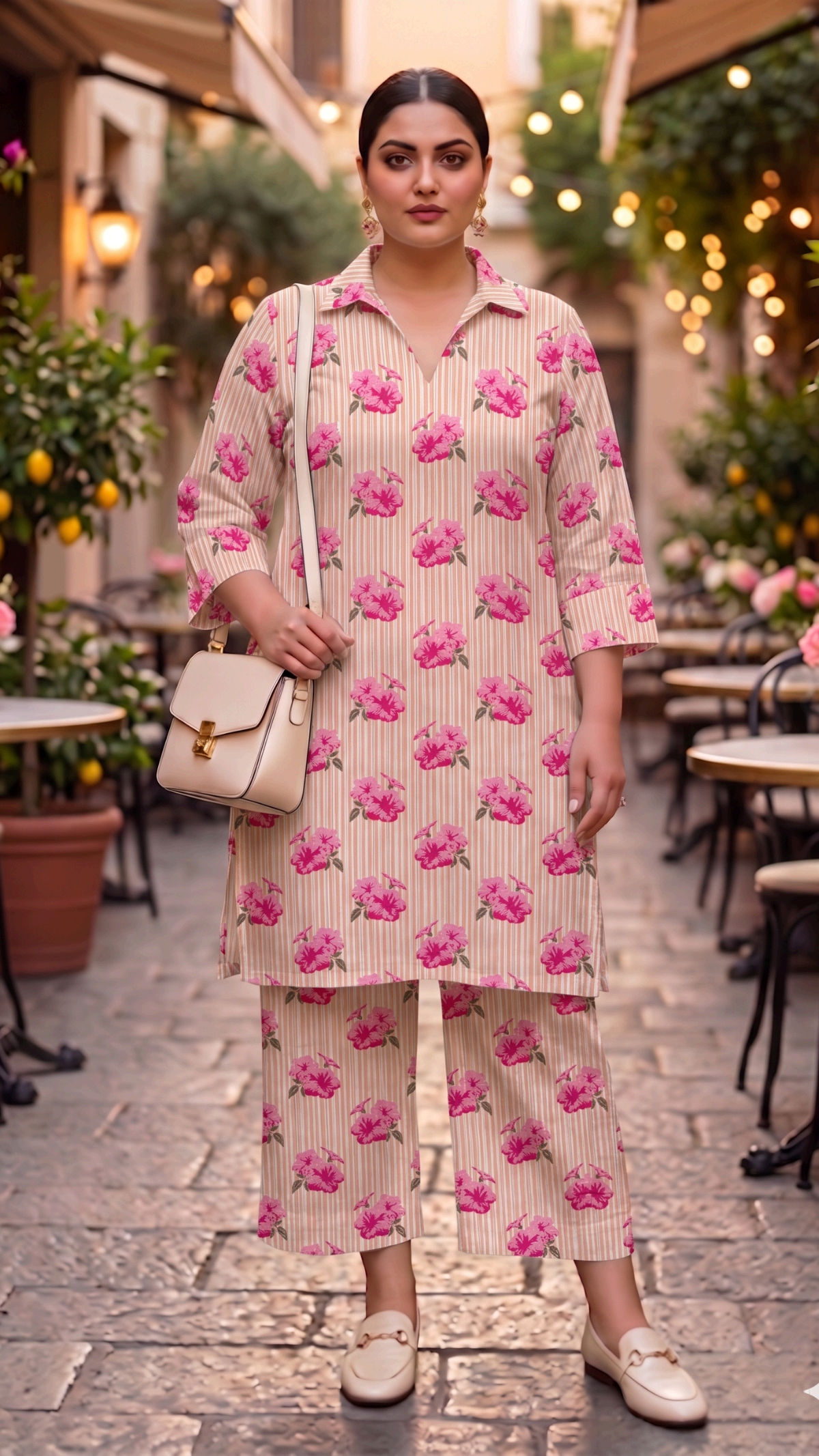 Plus Size Pink Floral Cotton Co-ord Set – Kurta & Straight Pants (2 Pc)