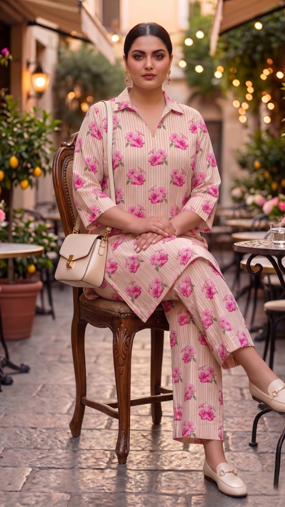 Plus Size Pink Floral Cotton Co-ord Set – Kurta & Straight Pants (2 Pc)