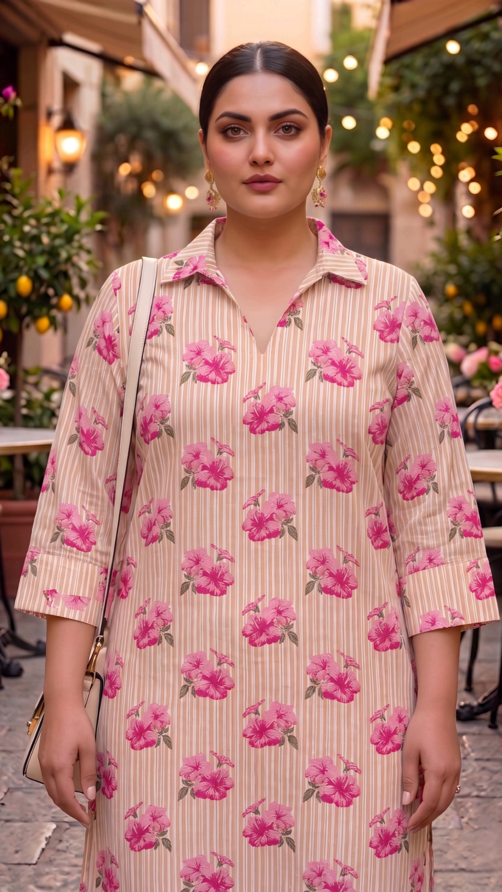 Plus Size Pink Floral Cotton Co-ord Set – Kurta & Straight Pants (2 Pc)