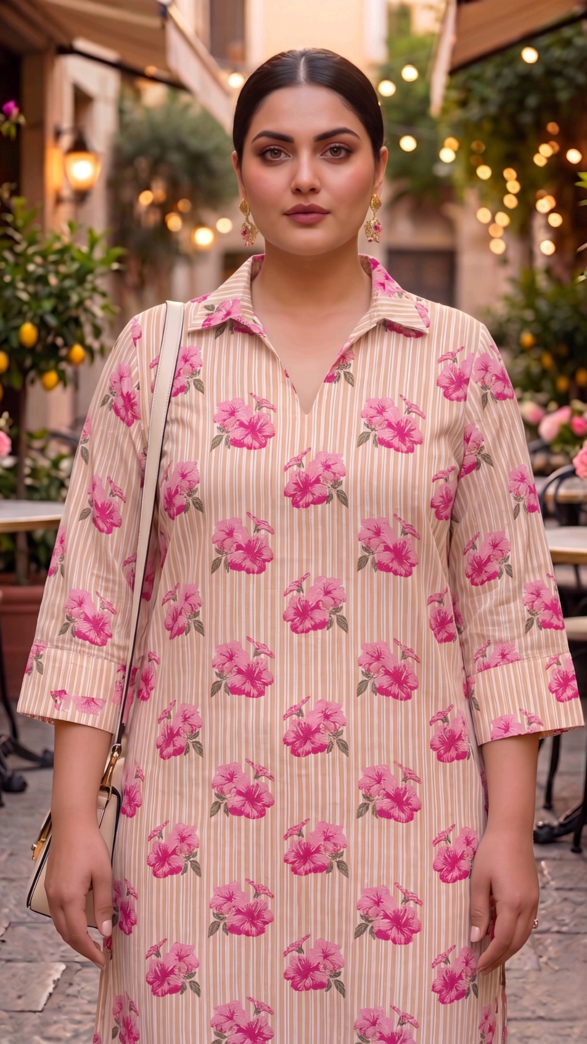 Plus Size Pink Floral Cotton Co-ord Set – Kurta & Straight Pants (2 Pc)