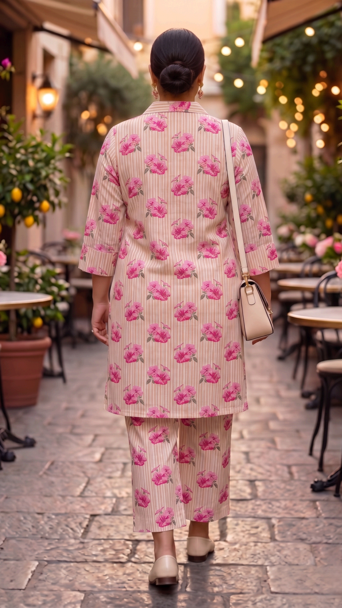 Plus Size Pink Floral Cotton Co-ord Set – Kurta & Straight Pants (2 Pc)