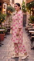 Plus Size Pink Floral Cotton Co-ord Set – Kurta & Straight Pants (2 Pc)
