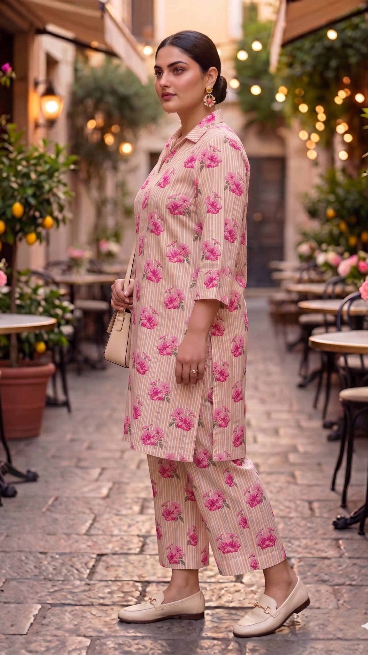 Plus Size Pink Floral Cotton Co-ord Set – Kurta & Straight Pants (2 Pc)