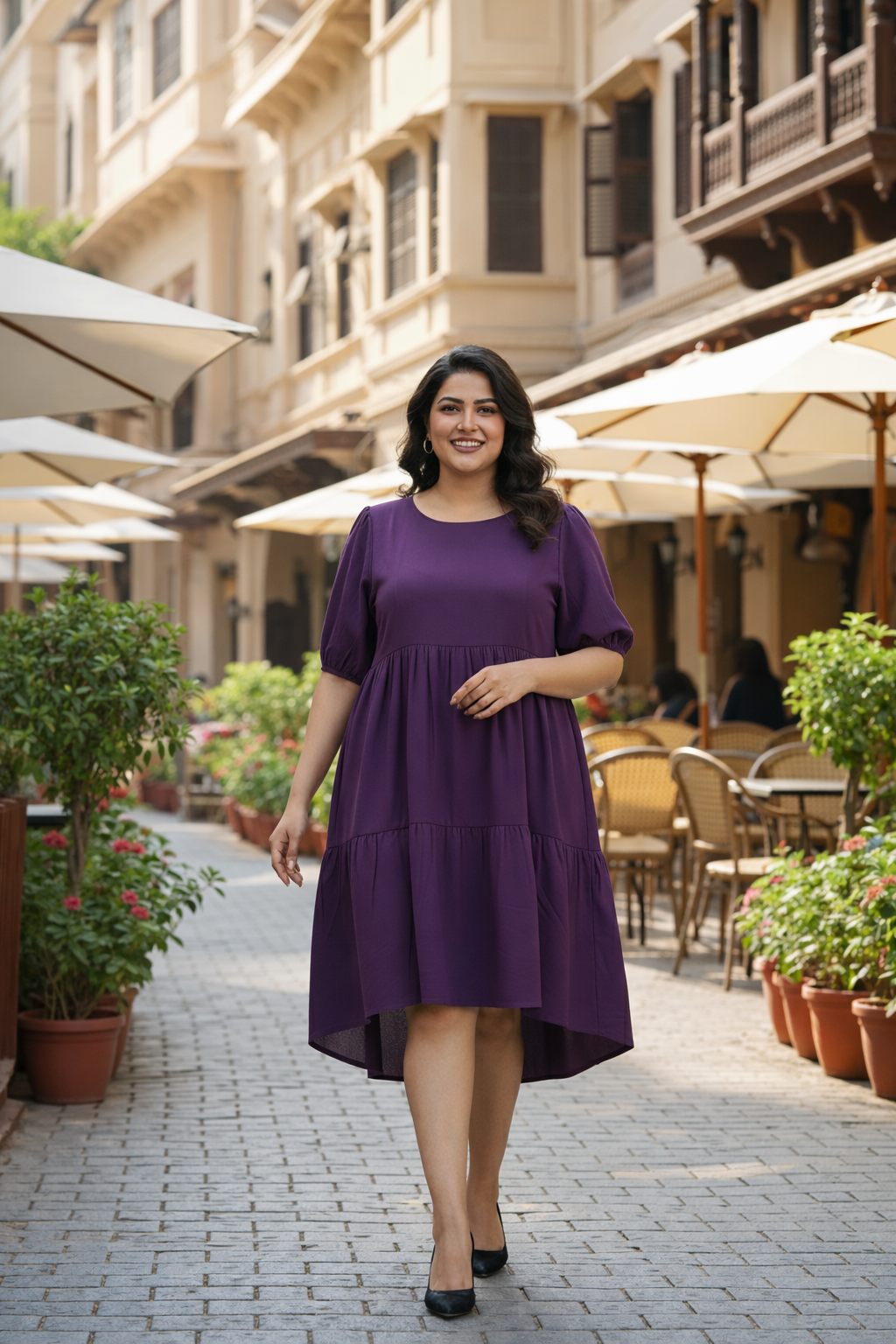 Purple Tiered Crepe Dress | Elasticated Sleeves | Party & Summer Wear