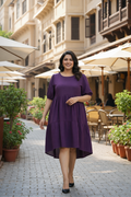 Purple Tiered Crepe Dress | Elasticated Sleeves | Party & Summer Wear