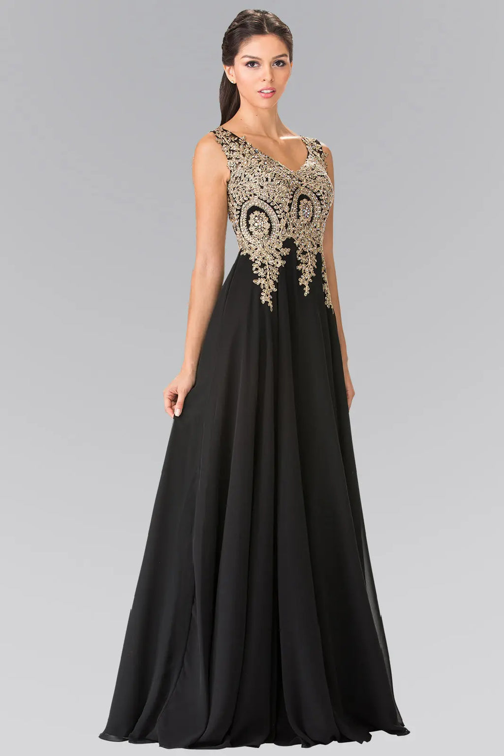 Embroidered Chiffon V-Neck Prom Gown