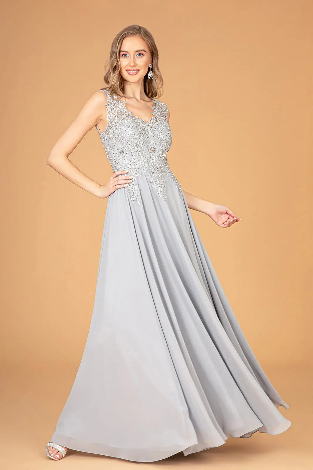 Embroidered Chiffon V-Neck Prom Gown